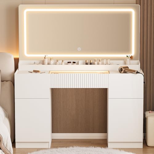 44-Inch Makeup Vanity Desk with Lighted Mirror, Glass Top and Power Station