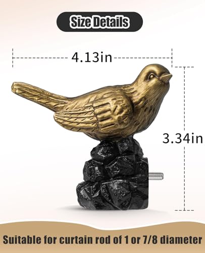 Bird-Shaped Decorative Curtain Rod Finials, Gold Metal End Caps for 1-Inch Rods