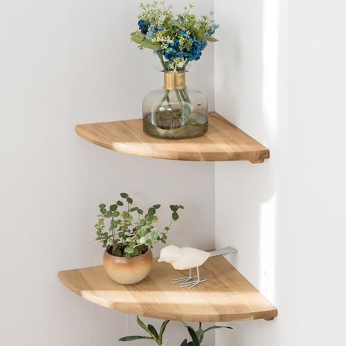 Set of 2 Solid Oak Wood Floating Corner Shelves, 7-Inch Wall Mount Shelf