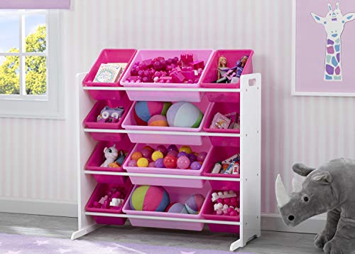 Kids Toy Storage Organizer with 12 Plastic Bins - White and Pink