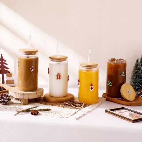 Meanplan 4 Pcs Christmas Glass Tumblers with Lids, 17 oz - Gift Set