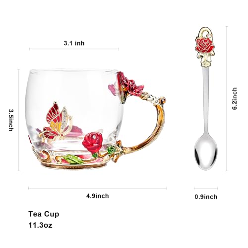 3D Enamel Glass Flower Tea Mug with Matching Spoon, Heat Resistant Cup