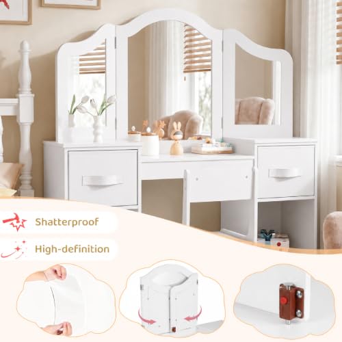 White Kids Vanity 2-in-1 Girls Makeup Dressing Table & Chair Set with Drawers