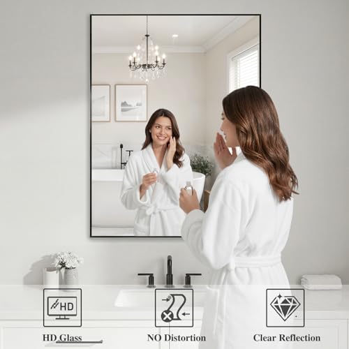 30x40 Inch Rectangular Wall Mirror, Modern Black Aluminum Frame Mirror