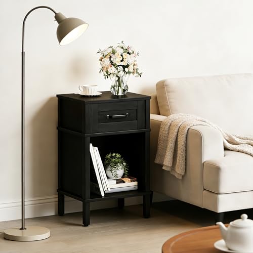 Modern Black Nightstand with Drawer - Small Wooden Bedside End Table