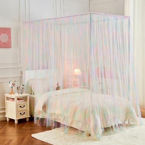 Pink Rainbow Bed Canopy for Twin Bed, 4 Corner Post Princess Bed Curtains