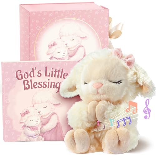 Catholic Baptism Gift Set for Baby Girls - Musical Lamb Plush & Book Box