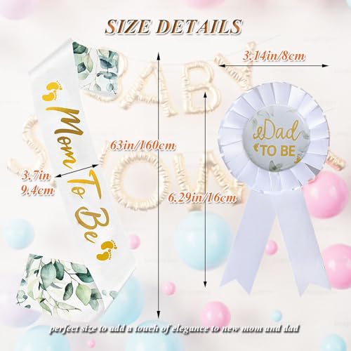 Mom To Be Sash and Daddy To Be Badge Pin Set, Sage Greenery Baby Shower