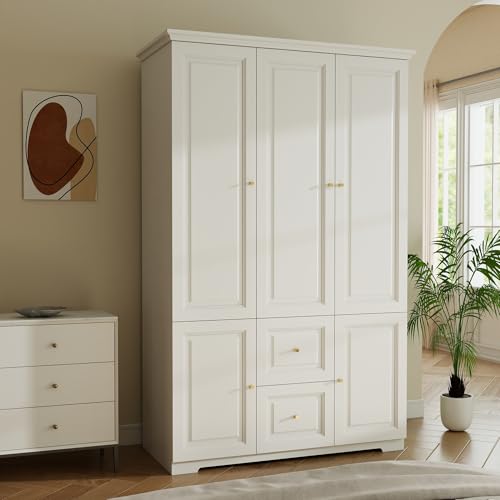 Tall 3-Door Wardrobe Armoire with Drawers and Shelves - White Bedroom Closet