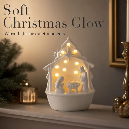Light-Up Ceramic Nativity Set Sitter - LED Tabletop Christmas Decor