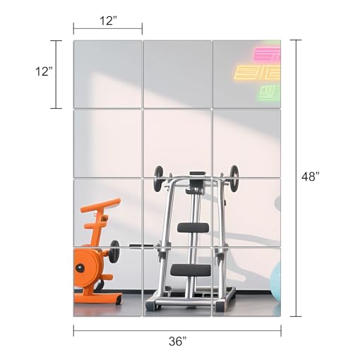 12x12 Inch Frameless Glass Mirror Tiles - DIY Wall Mounted Set (12 Pack)
