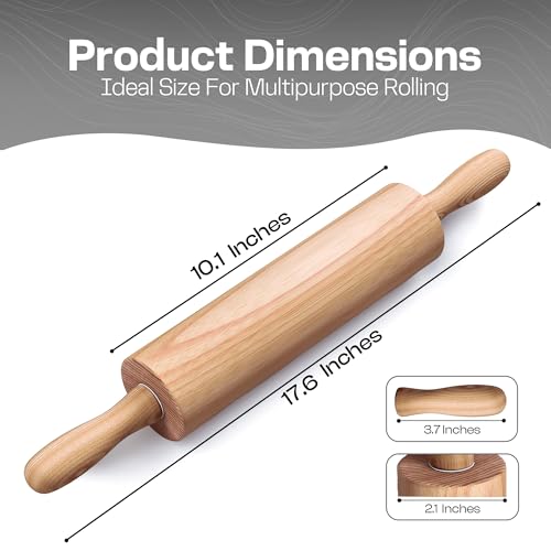 Beech Wood Rolling Pin with Handles - 17.6 Inch Dough Roller for Baking