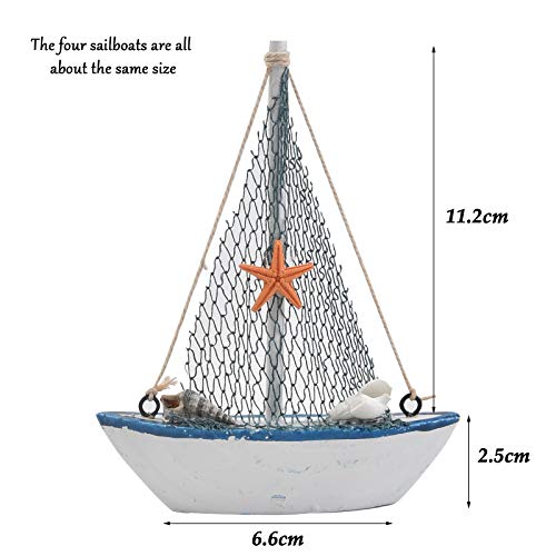 4-Piece Mini Wooden Sailboat Table Decor - Nautical Beach Bathroom Ornament