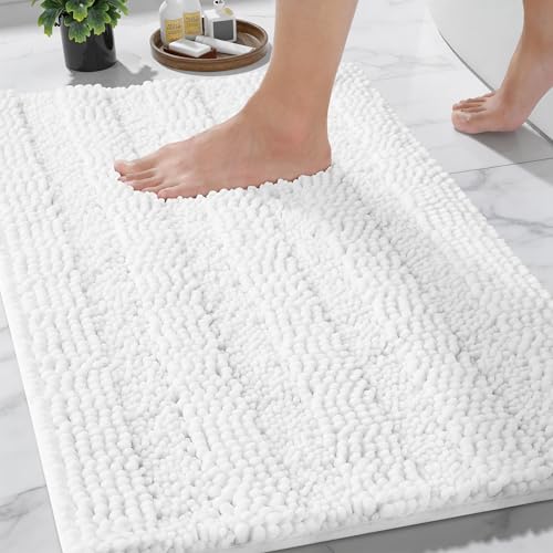 Yimobra Chenille Bathroom Rug Mat, Non-Slip & Super Absorbent, White, 24x17