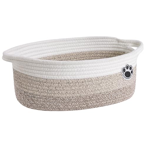Woven Rope Dog Toy Storage Basket with Handles & Paw Print - 12" x 8" x 5"