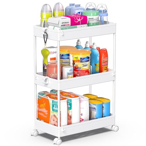 3-Tier Slim Rolling Utility Cart, Mobile Storage Organizer with Wheels - White