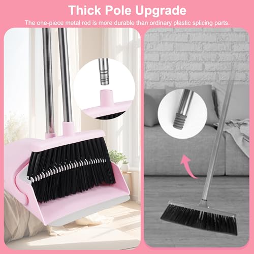 Pink Long Handle Broom and Dustpan Set with Self-Cleaning Teeth