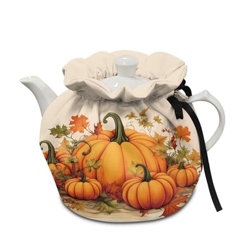 Pumpkin Print Cotton Tea Cozy - Insulated Teapot Cover with Drawstring