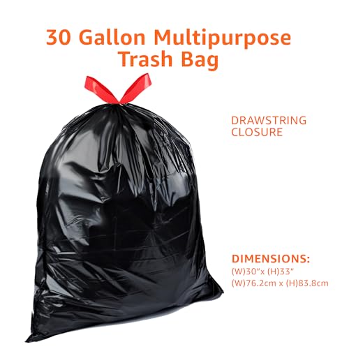 Amazon Basics 30 Gallon Drawstring Trash Bags, Tear-Resistant Black Garbage Bags, 50 Count