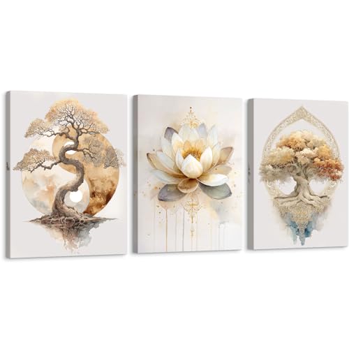 Tree of Life Lotus Yin Yang Canvas Wall Art, 3-Piece Framed Set 12"x16"