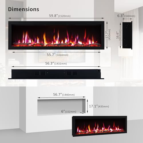 60 Inch Smart Linear Electric Fireplace Recessed Wall-Mount