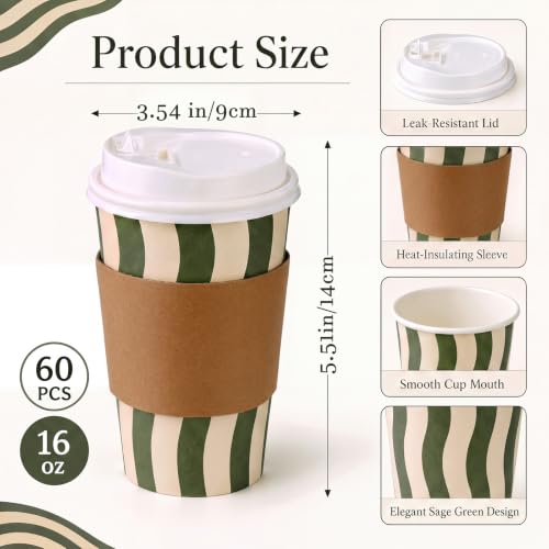 Newtay 16 oz Sage Green Striped Paper Cups with Lids & Sleeves – 60 Pack