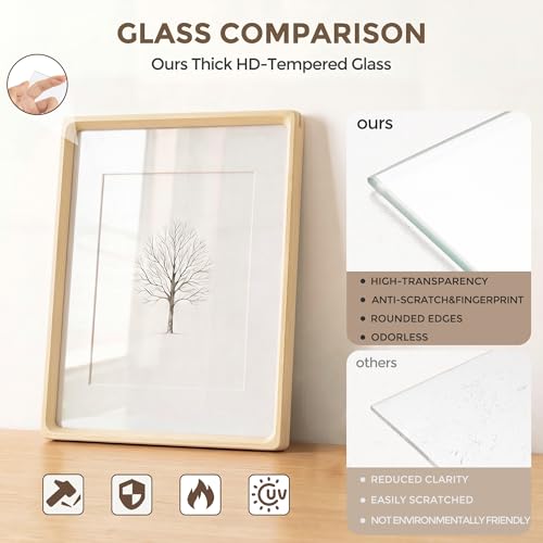 Fun Memories 11x17 Maple Wood Frame with HD Tempered Glass - Handcrafted, Rounded Corners, Wall or Tabletop Display, Variation: Maple / HD Tempered Glass / 1