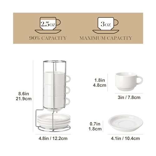 MALACASA Porcelain Espresso Cups Set of 4 - 2.5 Oz White Cappuccino Cups with Saucers & Metal Stand