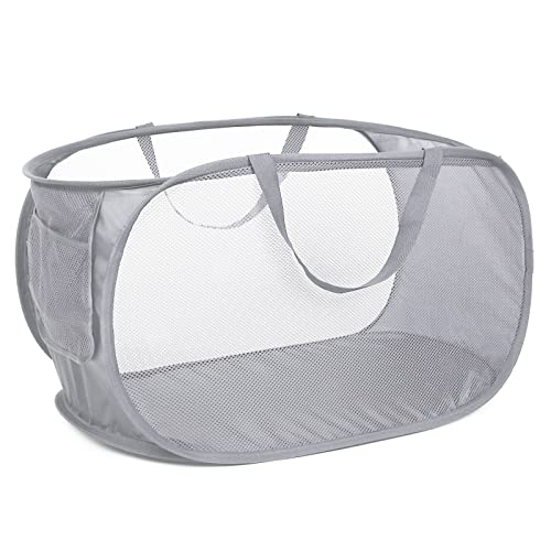 Collapsible Mesh Laundry Hamper with Side Pocket and Reinforced Handles