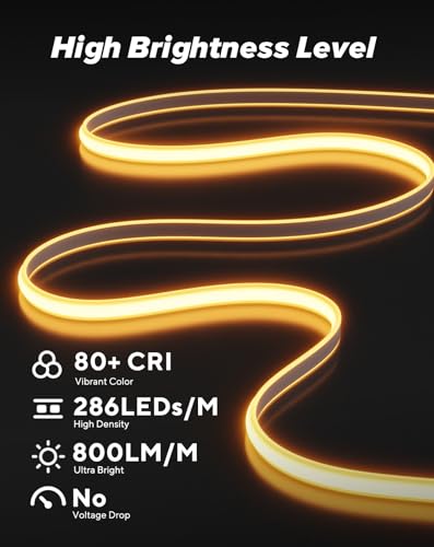 16.4ft COB LED Rope Light, 120V Warm White Waterproof Neon Strip for Home
