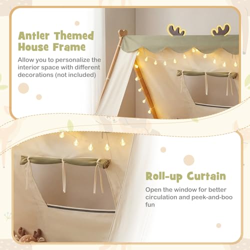 Twin House Floor Bed for Kids with Canopy, Fence Rails & Wood Slat Support
