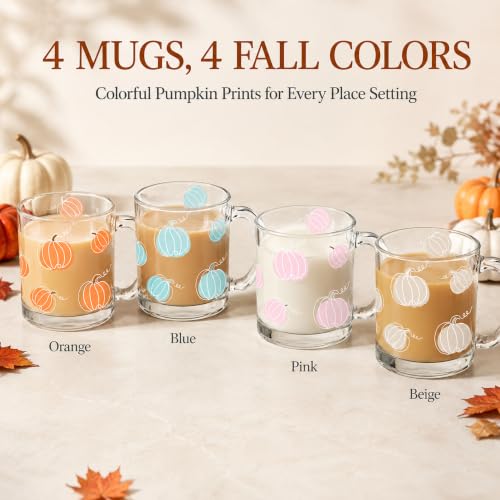 Pumpkin Glass Coffee Mug Set of 4 - 12oz Fall Thanksgiving Decor