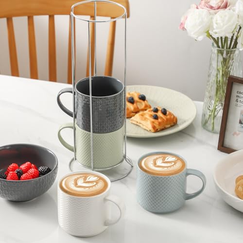 HASENSE Multicolor 15 oz Ceramic Coffee Mug Set with Metal Stand, Stackable Latte Cups for Tea & Cappuccino