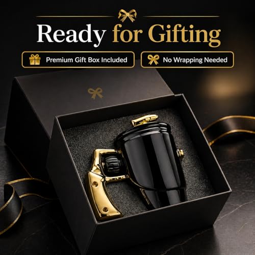 Qianlotushan Gun Gold Revolver Mug with Lid & Spin Wheel Handle, 16 oz Novelty Ceramic Coffee Cup for Men & Dad