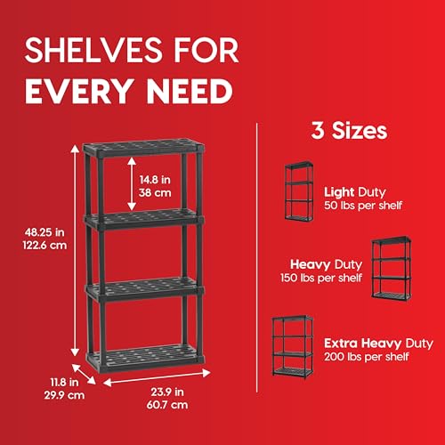 4-Tier Plastic Storage Shelves Black - 48" H Utility Shelving Unit Organizer