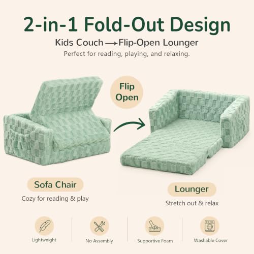 2-in-1 Fold-Out Toddler Couch and Lounger, Soft Flannel Kids Sofa - Green