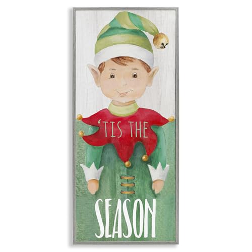 Farmhouse Gray Framed Christmas Elf Bell Holiday Wall Art, 10x24 inches
