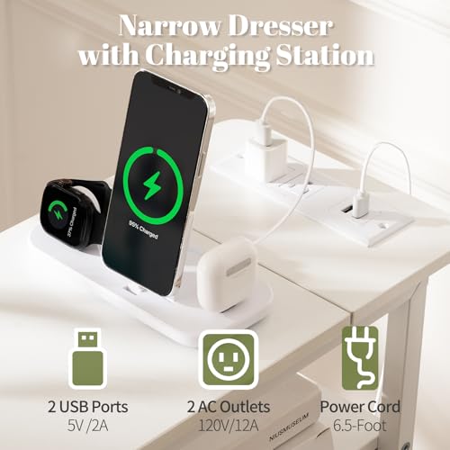 Tall Narrow Nightstand with Charging Station, LED Lighting & 4 Fabric Drawers