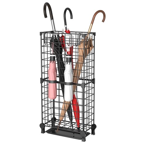 Freestanding Metal Umbrella Stand with Drip Tray and Hooks for Entryway