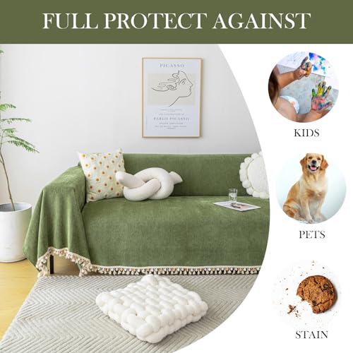 Chenille Green Sofa Cover - Soft, Vintage Couch Protector 71"x118"