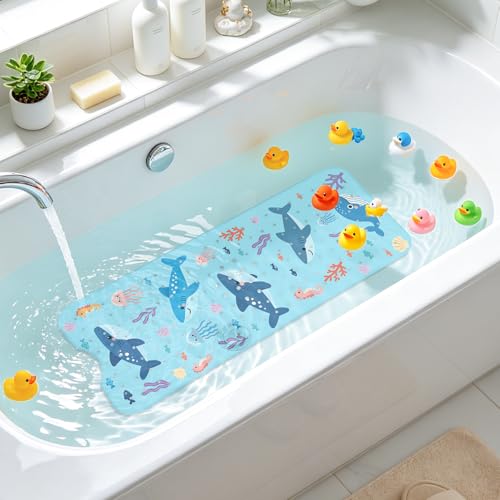 Shark Bath Mat for Tub, Extra Long Non-Slip Shower Mat with Suction Cups