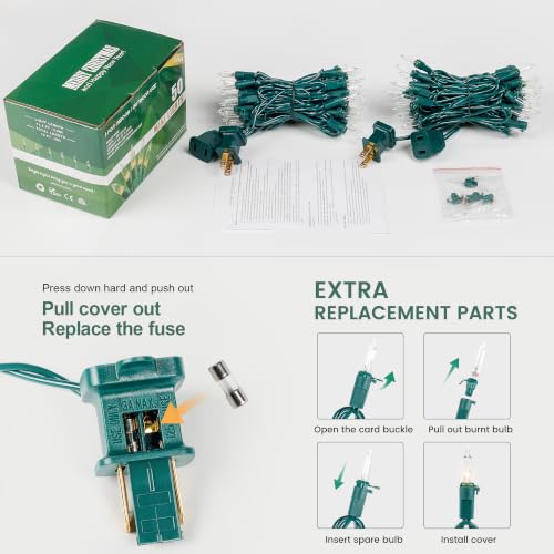 HEYFUNi 2-Pack Warm White Christmas String Lights 11.5ft with Green Wire - End-to-End Connectable, Indoor & Outdoor