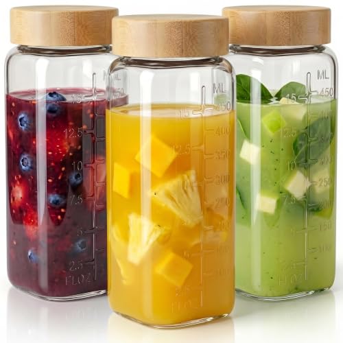 16 oz Square Glass Juice Bottles with Airtight Bamboo Lids - 3 Pack