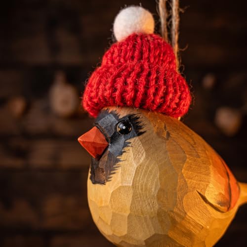 Hand-Carved Wooden Cardinal Ornament with Red Knit Hat - Gift Boxed