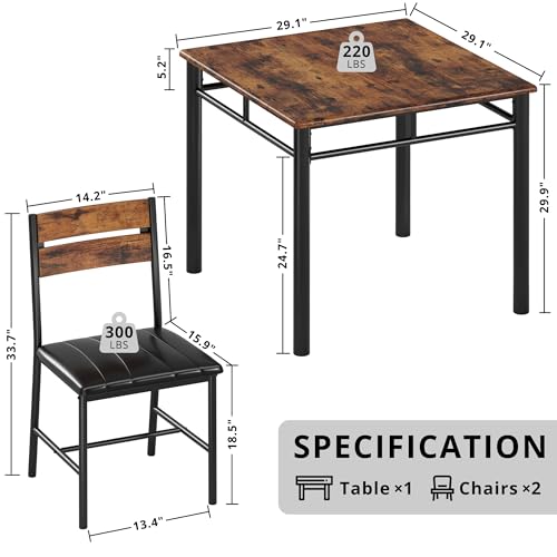 3-Piece Compact Dining Table Set for 2 with Upholstered Chairs, Rustic Brown