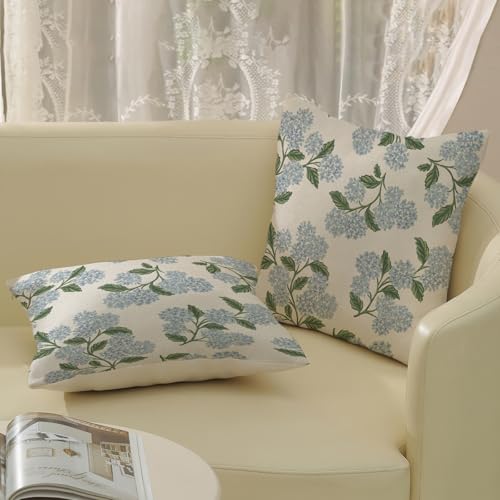 Floral Outdoor Pillow Covers 18x18 Inch - Set of 2 Blue Hydrangea Linen