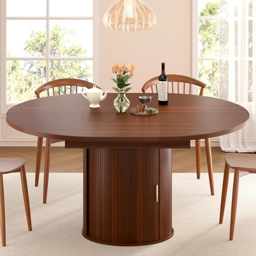 Extendable Round Dining Table with Storage Base, 47"-63" Walnut Wood Oval Table