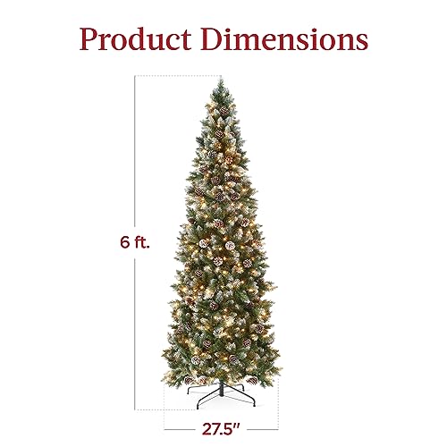 6ft Pre-Lit Slim Pencil Christmas Tree with 250 Lights & Pine Cones