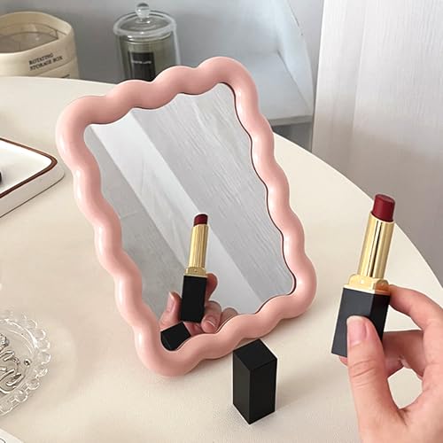 Pink Wave Desk Vanity Mirror Small Makeup Mirror Portable Office Table