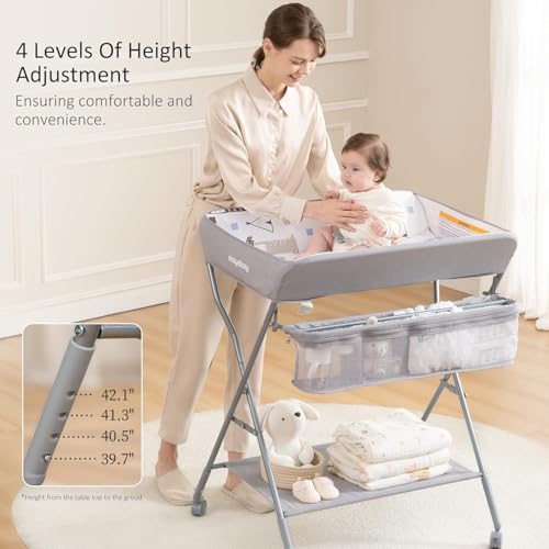 Portable Baby Changing Table with Wheels - Adjustable Height Diaper Station
